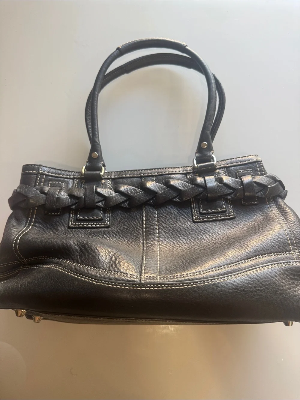 Coach Hampton Carryall Black Leather Shoulder Bag with Braided Horsebit detail